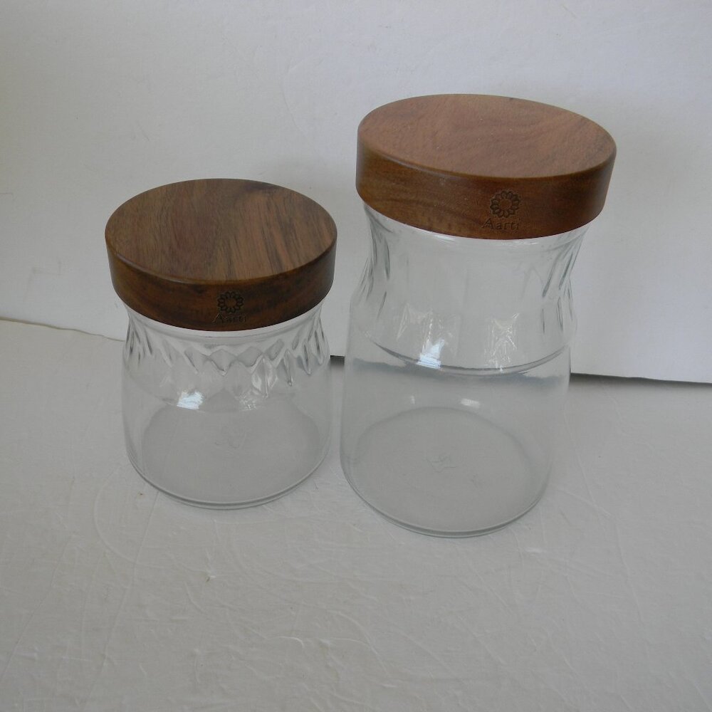 NEW Aarti Sequeira 2-Pc Etched Glass Storage Canisters w/ Acaica Wood Lid
